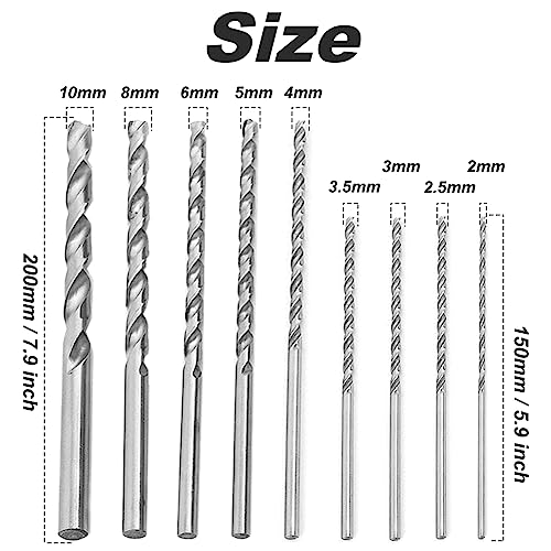 Saipe 9PCS 150-200mm Extra Long Twist Drill Bits Set Round Straight Shank Tool Sets, Lengthened High Speed Steel Twist Drill Set Tool for Wood Plastic and Aluminum(2-10mm OD)