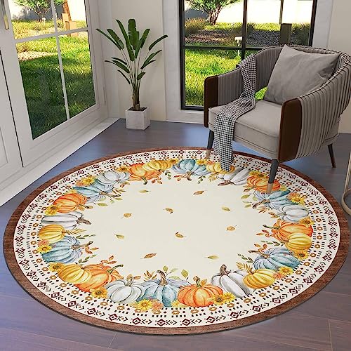 LIFEMUSION Fall Thanksgiving Round Area Rugs, Western Southwest Maple Leaf Pumpkin Non-Skid Children Playing Mat, 3ft Soft Circle Farmhouse Rugs for Living Room, Bedroom, Dining Room