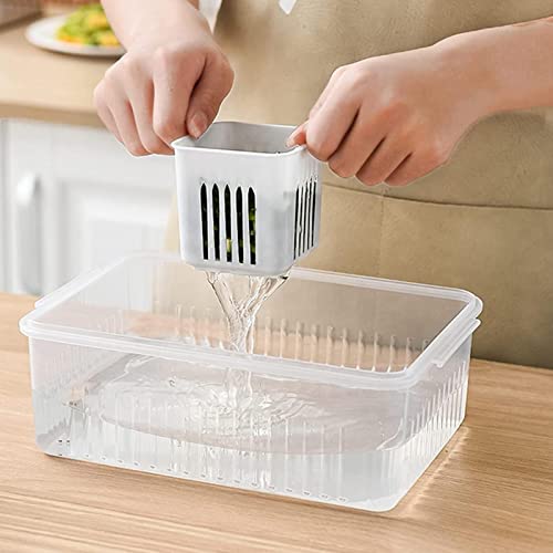 Food Storage Containers with Lids Airtight for Fridge, Refrigerator Fresh-keeping Food Storage Box Strainer with 6 Drain Basket, Vegetable Fridge Storage for Chopped Scallion Ginger Garlic Onion