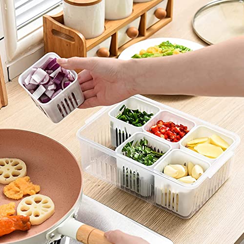 Food Storage Containers with Lids Airtight for Fridge, Refrigerator Fresh-keeping Food Storage Box Strainer with 6 Drain Basket, Vegetable Fridge Storage for Chopped Scallion Ginger Garlic Onion