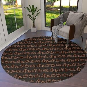 lifemusion thanksgiving fall round area rugs, autumn orange pumpkin classic black non-skid children playing mat, 3ft soft circle farmhouse rugs for living room, bedroom, dining room