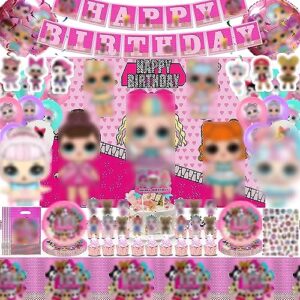pink dolls birthday supplies party decorations, pink girls theme birthday kit include banner, tablecloth, balloons, plates, stickers, foil balloons, gift bag, hanging swirls, backdrop, cake & cupcake toppers, cartoon birthday gift for kids