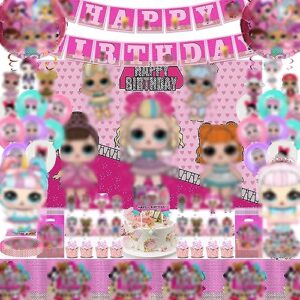 Pink Dolls Birthday Supplies Party Decorations, Pink Girls Theme Birthday Kit Include Banner, Tablecloth, Balloons, Plates, Stickers, Foil Balloons, Gift Bag, Hanging Swirls, Backdrop, Cake & Cupcake Toppers, Cartoon Birthday Gift for Kids