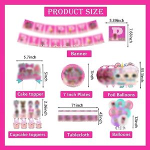 Pink Dolls Birthday Supplies Party Decorations, Pink Girls Theme Birthday Kit Include Banner, Tablecloth, Balloons, Plates, Stickers, Foil Balloons, Gift Bag, Hanging Swirls, Backdrop, Cake & Cupcake Toppers, Cartoon Birthday Gift for Kids