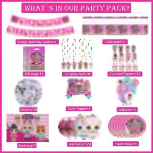 Pink Dolls Birthday Supplies Party Decorations, Pink Girls Theme Birthday Kit Include Banner, Tablecloth, Balloons, Plates, Stickers, Foil Balloons, Gift Bag, Hanging Swirls, Backdrop, Cake & Cupcake Toppers, Cartoon Birthday Gift for Kids