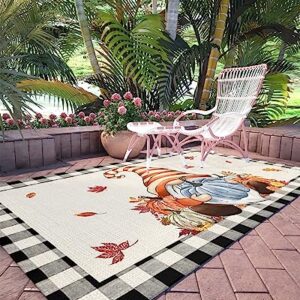 Thanksgiving Plaid Area Rug 2'7"x5',Outdoor Indoor Small Carpet Runner for Girls Boys Bedroom,Living Room,Bathroom,Classroom,Office,Kitchen,Washable Area+Rug Buffalo Check Gnome Pumpkins Black Beige