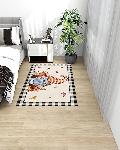 Thanksgiving Plaid Area Rug 2'7"x5',Outdoor Indoor Small Carpet Runner for Girls Boys Bedroom,Living Room,Bathroom,Classroom,Office,Kitchen,Washable Area+Rug Buffalo Check Gnome Pumpkins Black Beige