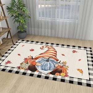 Thanksgiving Plaid Area Rug 2'7"x5',Outdoor Indoor Small Carpet Runner for Girls Boys Bedroom,Living Room,Bathroom,Classroom,Office,Kitchen,Washable Area+Rug Buffalo Check Gnome Pumpkins Black Beige