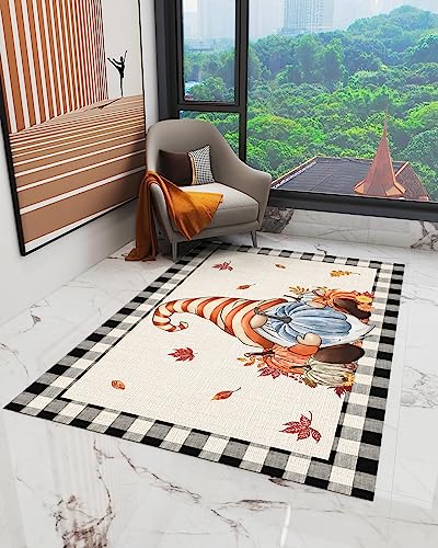 Thanksgiving Plaid Area Rug 2'7"x5',Outdoor Indoor Small Carpet Runner for Girls Boys Bedroom,Living Room,Bathroom,Classroom,Office,Kitchen,Washable Area+Rug Buffalo Check Gnome Pumpkins Black Beige