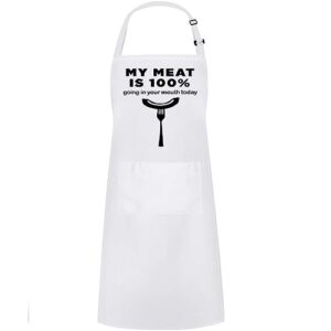 hyzrz funny aprons for men, women - my meat is 100% - gifts for fathers day, mothers day, birthday - cooking grilling bbq chef apron (white)
