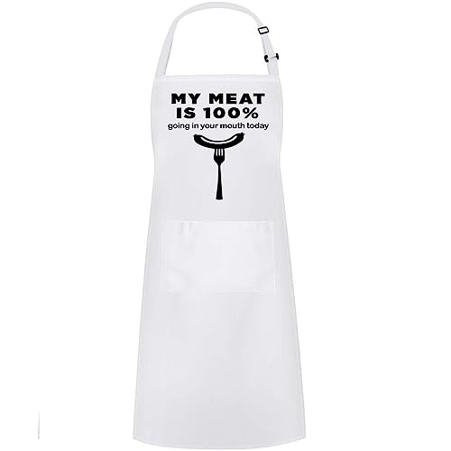 Hyzrz Funny Aprons for Men, Women - My Meat is 100% - Gifts for Fathers Day, Mothers Day, Birthday - Cooking Grilling BBQ Chef Apron (White)