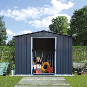 Outdoor Storage Shed 8 x 6 FT Large Metal Tool Sheds, Heavy Duty Storage House with Sliding Doors with Air Vent for Backyard Patio Lawn to Store Bikes, Tools, Lawnmowers Dark Grey