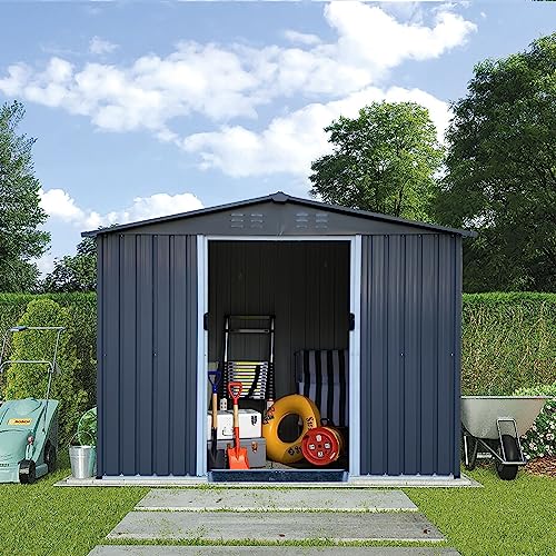 Outdoor Storage Shed 8 x 6 FT Large Metal Tool Sheds, Heavy Duty Storage House with Sliding Doors with Air Vent for Backyard Patio Lawn to Store Bikes, Tools, Lawnmowers Dark Grey