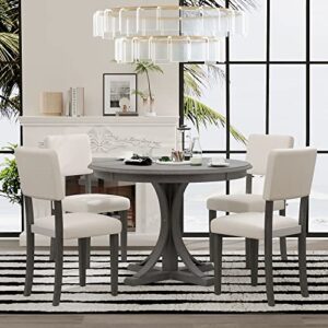 aiuyesuo farmhouse 5-piece round dining table set with curved trestle style table legs and 4 upholstered chairs for dining room, acacia wood kitchen dining table set for 4 (dark gray-wood)