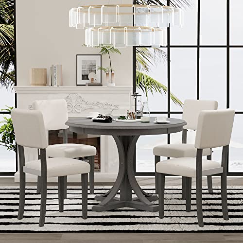 Aiuyesuo Farmhouse 5-Piece Round Dining Table Set with Curved Trestle Style Table Legs and 4 Upholstered Chairs for Dining Room, Acacia Wood Kitchen Dining Table Set for 4 (Dark Gray-Wood)