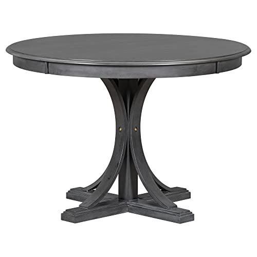 Aiuyesuo Farmhouse 5-Piece Round Dining Table Set with Curved Trestle Style Table Legs and 4 Upholstered Chairs for Dining Room, Acacia Wood Kitchen Dining Table Set for 4 (Dark Gray-Wood)
