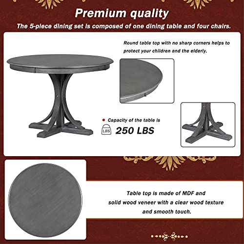 Aiuyesuo Farmhouse 5-Piece Round Dining Table Set with Curved Trestle Style Table Legs and 4 Upholstered Chairs for Dining Room, Acacia Wood Kitchen Dining Table Set for 4 (Dark Gray-Wood)