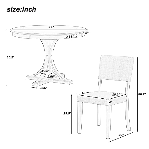 Aiuyesuo Farmhouse 5-Piece Round Dining Table Set with Curved Trestle Style Table Legs and 4 Upholstered Chairs for Dining Room, Acacia Wood Kitchen Dining Table Set for 4 (Dark Gray-Wood)