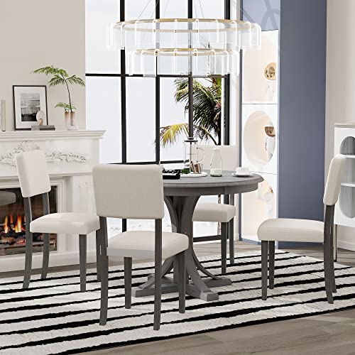 Aiuyesuo Farmhouse 5-Piece Round Dining Table Set with Curved Trestle Style Table Legs and 4 Upholstered Chairs for Dining Room, Acacia Wood Kitchen Dining Table Set for 4 (Dark Gray-Wood)