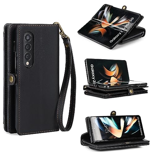 DKDKSIP for Samsung Galaxy Z Fold 3 Wallet Case for Women, RFID Blocking Card Holder, PU Leather Flip Phone Case with Crossbody Strap Wristlet Kickstand for Galaxy Z Fold 3, Black