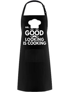 hyzrz funny aprons for men, women -mr. good looking is cooking- gifts for fathers day, mothers day, birthday - cooking grilling bbq chef apron (black)