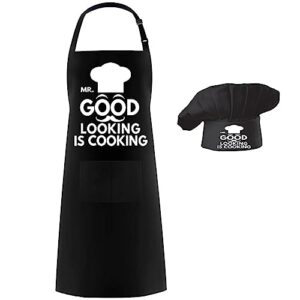 hyzrz chef apron hat set,mr. good looking is cooking,chef hat and apron adjustable baker costume with pocket dad apron for kitchen grill bbq men and women father's gift (black)