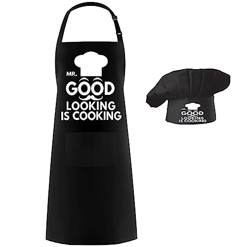 Hyzrz Chef Apron Hat Set,Mr. Good Looking is Cooking,Chef Hat and Apron Adjustable Baker Costume with Pocket Dad Apron for Kitchen Grill BBQ Men and Women Father's Gift (Black)