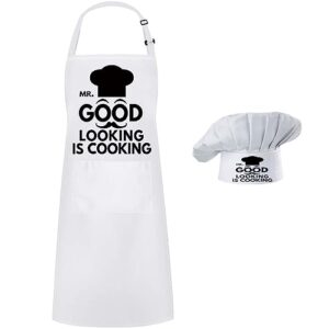 hyzrz chef apron hat set,mr. good looking is cooking,chef hat and apron adjustable baker costume with pocket dad apron for kitchen grill bbq men and women father's gift (white)