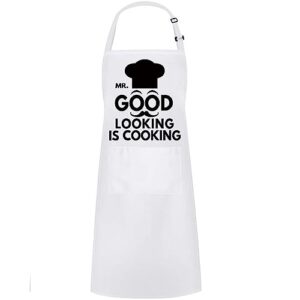 hyzrz funny aprons for men, women - mr. good looking is cooking - gifts for fathers day, mothers day, birthday - cooking grilling bbq chef apron (white)