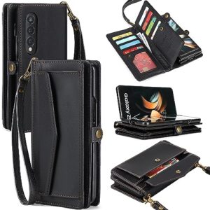 dkdksip for samsung galaxy z fold 4 wallet case for women, rfid blocking card holder, pu leather flip phone case with crossbody strap wristlet kickstand for galaxy z fold 4, black