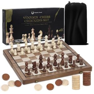 2 in 1 magnetic chess sets,15in folding wooden chess & checkers set board for adults,chess pieces with 2 extra queen,travel chess set with storage bag for kids