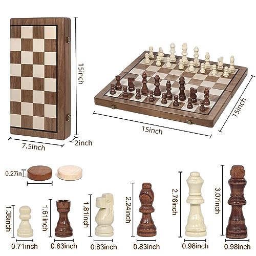 2 in 1 Magnetic Chess Sets,15in Folding Wooden Chess & Checkers Set Board for Adults,Chess Pieces with 2 Extra Queen,Travel Chess Set with Storage Bag for Kids