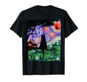 scary night cat van gogh- cat black halloween pumpkin art t-shirt