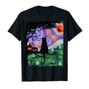 Scary Night Cat Van Gogh- Cat Black Halloween Pumpkin Art T-Shirt