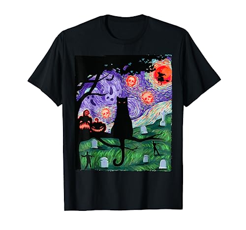 Scary Night Cat Van Gogh- Cat Black Halloween Pumpkin Art T-Shirt