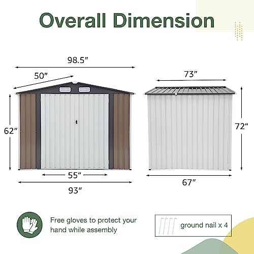 OC Orange-Casual 8 x 6 FT Outdoor Storage Shed, Metal Garden Tool Shed, Outside Sheds & Outdoor Storage Galvanized Steel w/Lockable Door for Backyard, Patio, Lawn, White & Brown