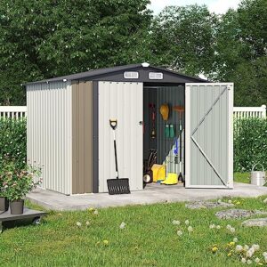 OC Orange-Casual 8 x 6 FT Outdoor Storage Shed, Metal Garden Tool Shed, Outside Sheds & Outdoor Storage Galvanized Steel w/Lockable Door for Backyard, Patio, Lawn, White & Brown