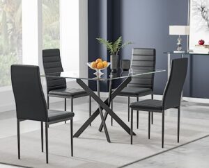 niern glass dining table set for 4, modern 5-piece rectangular kitchen table set with 4 upholstered high-back chairs for kitchen dining room (black table with black chair)