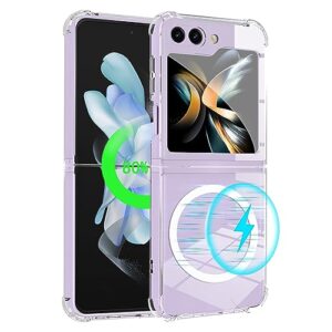 ziye for samsung galaxy z flip 5 case [compatible with magsafe] clear magnetic case for women men wireless charging transparent pc crystal shockproof protective phone case cover for z flip 5 5g