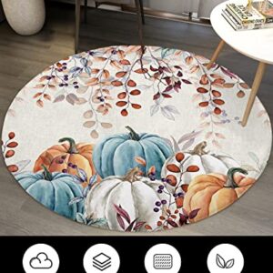 Thanksgiving Fluffy Round Area Rug Carpets 5ft, Teal Orange Pumpkin Fall Brown Eucalyptus Leaves Plush Shaggy Carpet Soft Circular Rugs, Non-Slip Fuzzy Accent Floor Mat for Living Room Bedroom Nursery