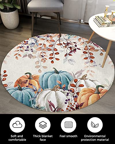 Thanksgiving Fluffy Round Area Rug Carpets 5ft, Teal Orange Pumpkin Fall Brown Eucalyptus Leaves Plush Shaggy Carpet Soft Circular Rugs, Non-Slip Fuzzy Accent Floor Mat for Living Room Bedroom Nursery