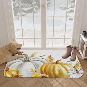 Chees D Zone Indoor Door Mat,Fall Thanksgiving Pumpkin White Soft Non-Slip Absorbent Kitchen Rug,Gold Leaves Sunflower Plant Floor Mat Entrance Rugs for Bedroom Living Room 16x24In