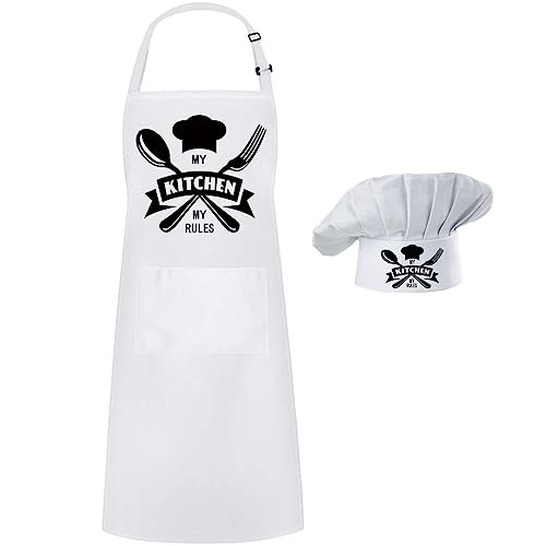 Hyzrz Chef Apron Hat Set,My Kitchen My Rules,Chef Hat and Apron Adjustable Baker Costume with Pocket Dad Apron for Kitchen Grill BBQ Men and Women Father's Gift (White)