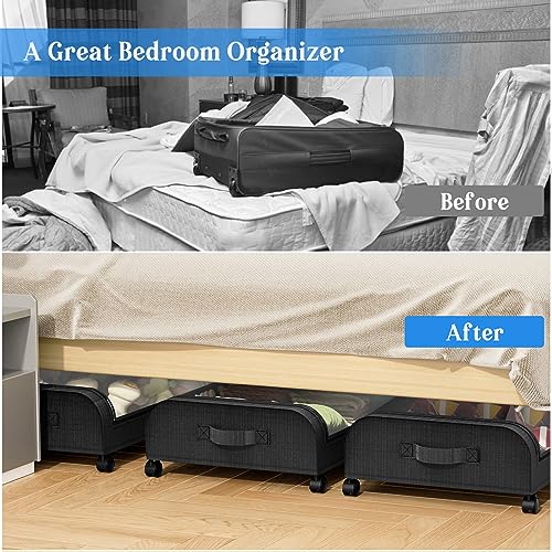 Under Bed Storage with Wheels and Lids, Rolling Underbed Storage Containers, Metal Under the Bed Shoe Storage Organizer with Bag Cover, Under Bed Storage Drawer Bins for Clothes Shoes(2 Pack Black)