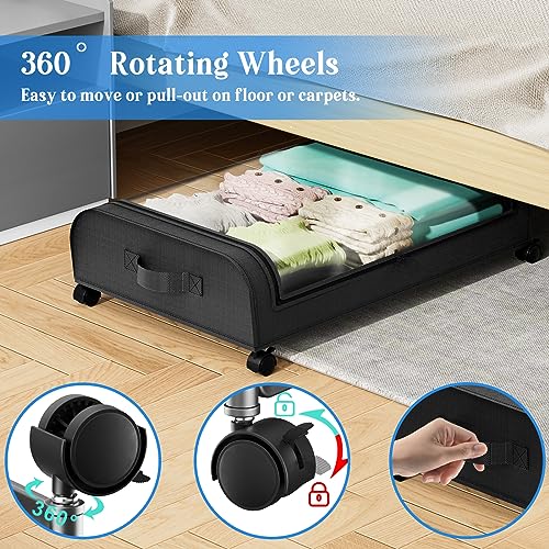 Under Bed Storage with Wheels and Lids, Rolling Underbed Storage Containers, Metal Under the Bed Shoe Storage Organizer with Bag Cover, Under Bed Storage Drawer Bins for Clothes Shoes(2 Pack Black)