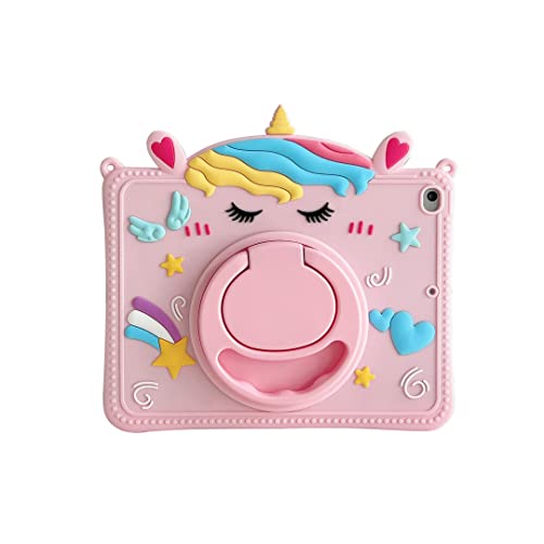 Premium Cute Soft Silicone Pink Unicorn Pattern Tablet Case with Built-in Foldable Kickstand and Lanyard Shockproof Cover Case for iPad Air 4 2020 10.9"