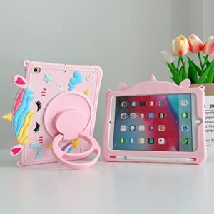 Premium Cute Soft Silicone Pink Unicorn Pattern Tablet Case with Built-in Foldable Kickstand and Lanyard Shockproof Cover Case for iPad Air 4 2020 10.9"