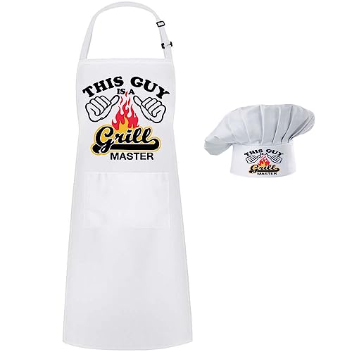 Hyzrz Chef Apron Hat Set,This Guy Is A Grill Master,Chef Hat and Apron Adjustable Baker Costume with Pocket Dad Apron for Kitchen Grill BBQ Men and Women Father's Gift (White)