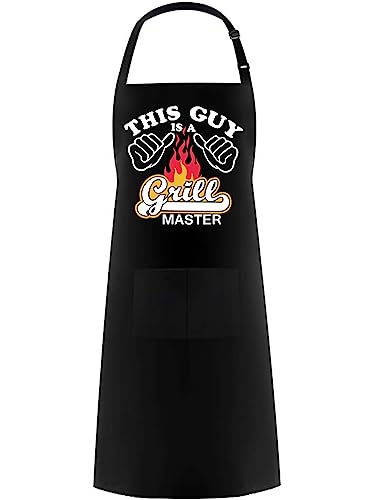 Hyzrz Funny Aprons for Men,Women -This Guy Is A Grill Master- BBQ Cooking Adjustable Bib Kitchen Work Chef Apron with Pockets (Black)