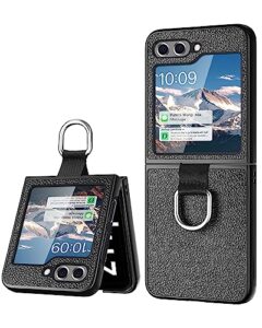 aicase for samsung galaxy z flip 5 case leather, slim protective shockproof phone case with ring for galaxy z flip 5 5g, black